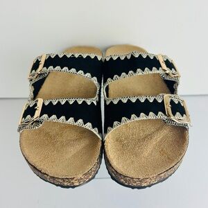 NWT Niki Slip On Sandals Women's 9 Black Double Strap Gold Buckles Embroidered